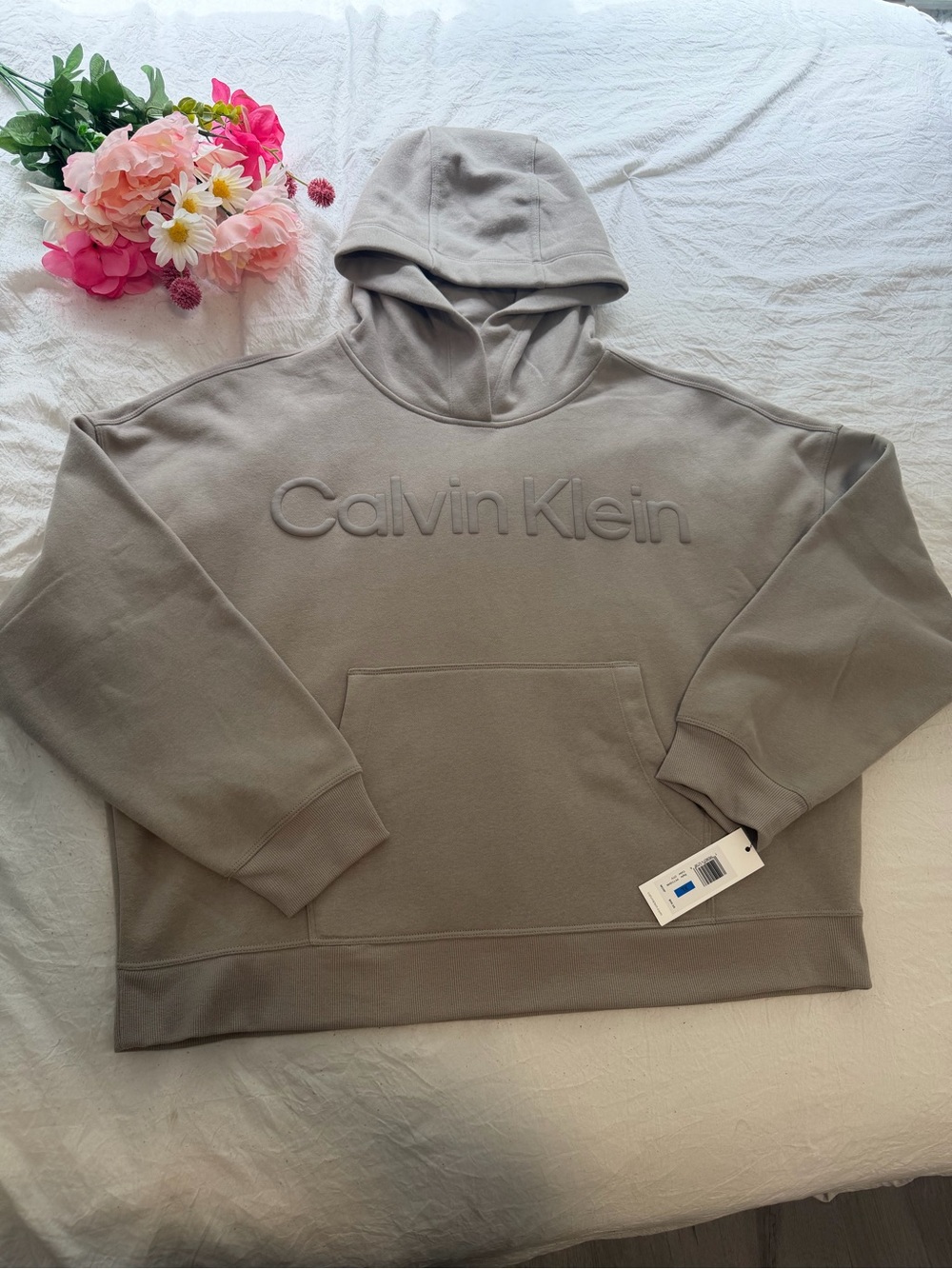 Calvin Klein Embossed Logo Hooded Sweatshirt in Taupe Gray